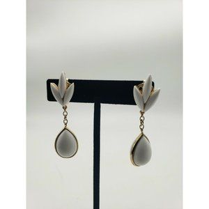 Vintage Trifari Gold Tone White Lucite Clip On Drop Dangle Earrings